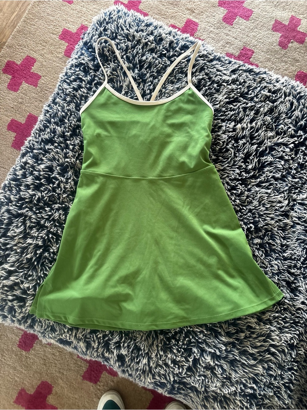 Green Spaghetti Strap A-Line workout Dress with White Trim & shorts